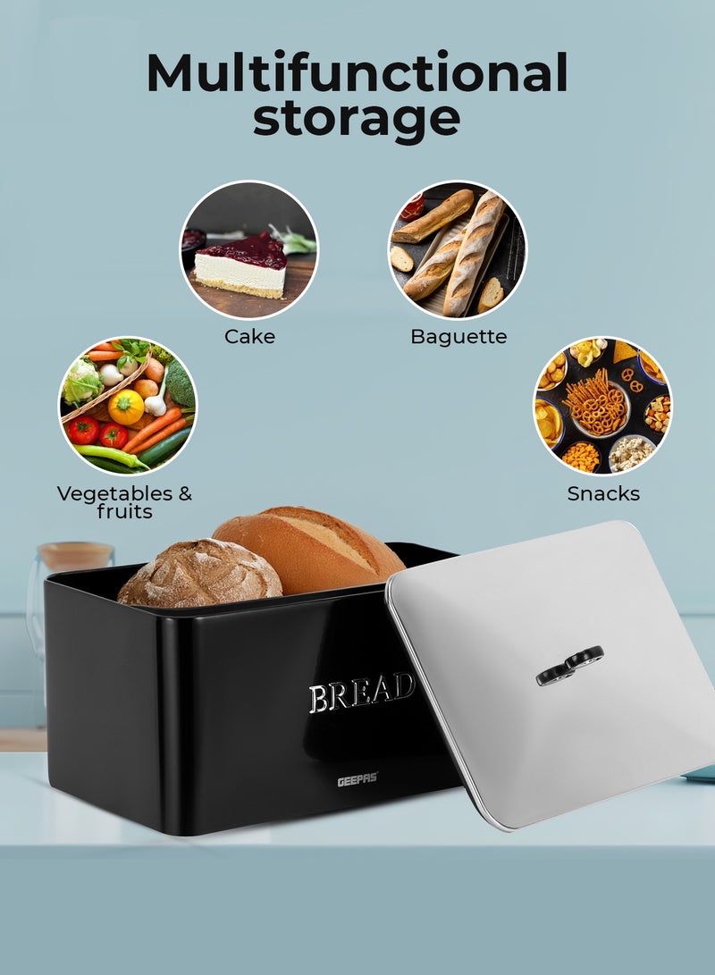 GEEPAS 13 L Bread Bin Retro-Style | Carbon Steel Bread Box with Air-Circulation Freshness System | Easy-Clean Smooth Finish, Portable Countertop Storage for Bread | Pastries & Snacks  GCS63081UK-BK Black - Image 3